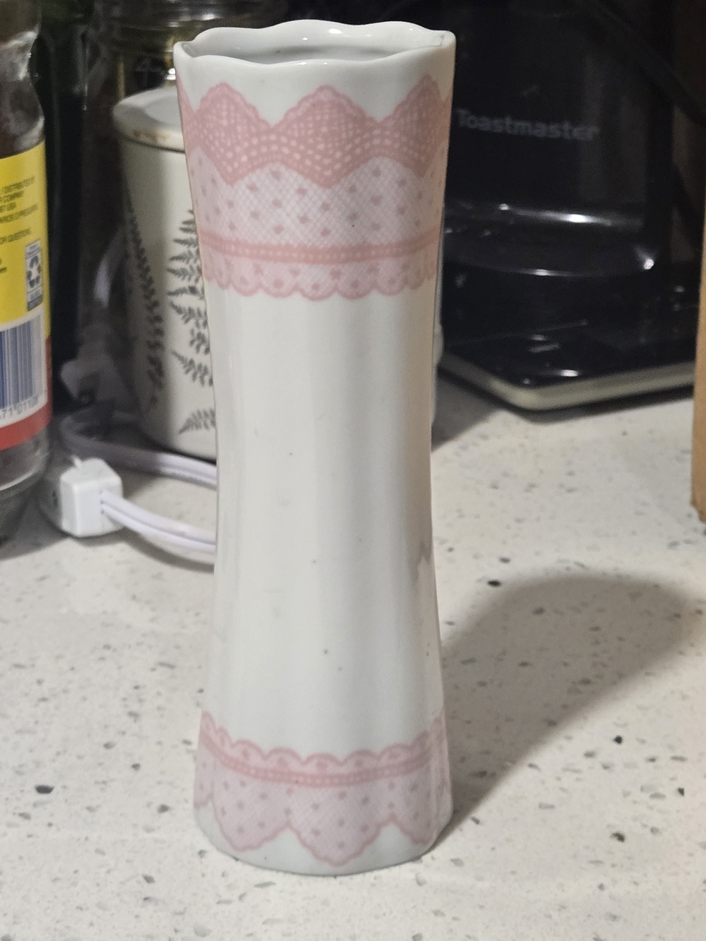 Vintage White Ceramic Bud Vase with Pink Lace Pattern